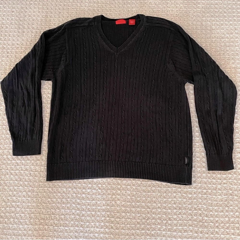 Gently used, vintage, men’s size large, Izod, V-neck, cable knit, sweater.